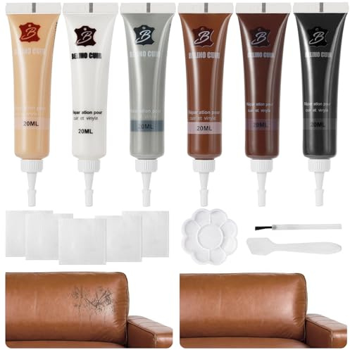 LFBEST Lederreparatur Creme, 6 Farben Leder Reparatur Set, Kunstleder Reparieren, Leder Reparatursätze für Lederprodukte Autositze, Sofas, Lederjacken, Lederschuhe und Gürtel etc