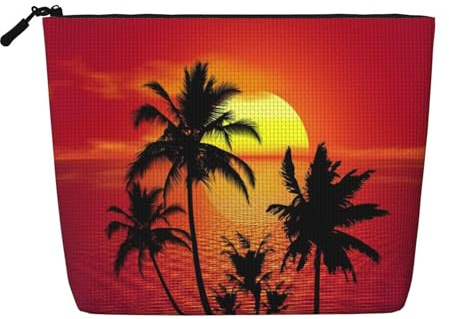 Water-Resistant Cosmetic Pouch Organizer for Women Travel, Makeup Bag with Zipper, Lightweight Daily Essentials Pouch for Toiletries Storage, Tropical Sunset Palm Tree Fake Hemp Makeup Bag