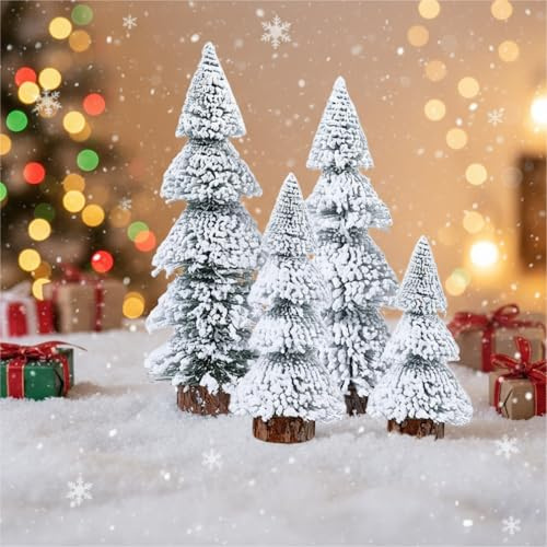 JECOMPRIS 4 Stück Künstlicher Beflockter Mini-Zedernbaum: Flaschenbürsten-Weihnachtsbäume In 4 Größen Mit Holzsockel Für Die Tischdekoration Von Winterurlaubspartys
