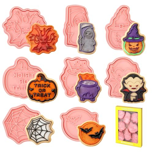 Moldes Galletas Halloween, 8 Piezas Cortadores de Galletas Niños, Plástico 3D Prensable DIY Moldes Interesantes Cookie Cutter para Decoración de Fiesta de Pastel, Fondant