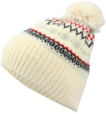Puramala Bonnet d'hiver unisexe avec pompon - Bonnet tricoté avec motif norvégien et enveloppe - Bonnet chaud pour homme et femme