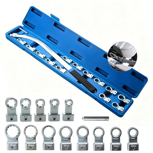 Mocoli Outils de Galet Tendeur Courroie, Outil de Démontage de Courroie avec 5 Connecteurs de Type-E E18/E16/E14/E12/E10 et 8 Connecteurs à Tête Plate 19/18/17/16/15/14/13/12 mm