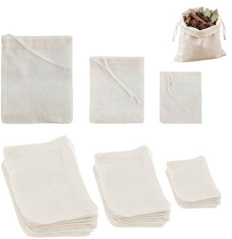 Mistillion 30Pcs Muslin Cotton Tea Bags, 3 Sizes Drawstring Spice Filter Bags, Reusable Unbleached Cotton Infuser Bags for Loose Tea Soup Coffee Herbs