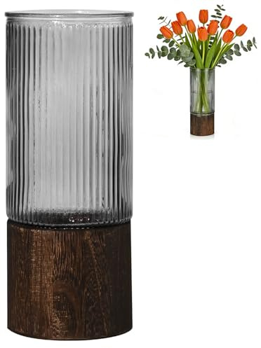 TEUYOE glasvas, 25 cm hög cylindrisk vas med träbas för heminredning, vardagsrum, sovrum, kök, matbord, öppen spis, kontor (räfflade)