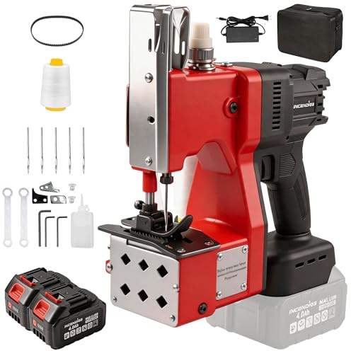 Máquina de Coser Sacos Eléctrica Inalámbrica, Cosedora de Sacos Portátil con Motor Brushless de 280W y 2 Baterías 4.0Ah, Máquina de Cierre para Sacos de 0,2-10 mm para Sacos PP, Papel Kraft y Cuero