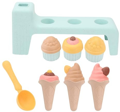 Sandspielzeug Set Sandkasten Spielzeug Strandspielzeug mit Eimer, Sandförmchen, Sandschaufel Reise Sand Spielzeug für draußen Eisformen mit Kugellöffel Bunte Eiswaffeln (B, One Size)