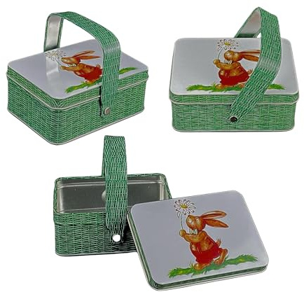 Dose mit Deckel und Henkel, Blechdose Korb mit Ostermotiv, ca. 10,4 x 7,5 x 4 cm, 3 Stück, Keksdose, Geschenkschachtel Hase mit Blume