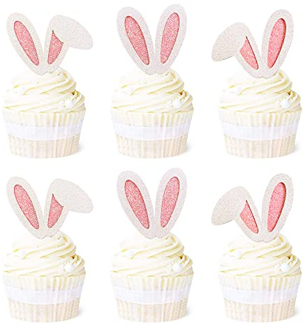 Ercadio 24 Pack Easter Bunny Ear Cupcake Toppers Glitter Pink Rabbit Ears Cupcake Picks Easter Bunny Cupcake Decors Rabbit Cake Toppers for Kids Girls Birthday Baby Shower Party Supplies