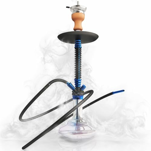 RMAN Cachimba 66 cm Shisha Completa de Aluminio Azul | Set Completo con Manguera de Silicona, Cazoleta de Cristal y 2 Boquillas; Ideal para Casa, Terraza y Reuniones
