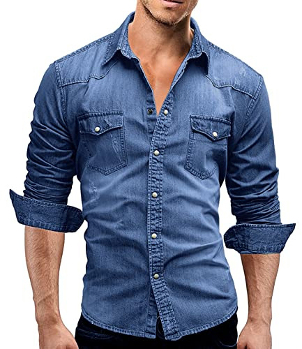 Rodawu Chemise en jean pour homme en coton extensible, chemises de cowboy à boutons, chemises décontractées en jean, veste en jean, chemises à coupe ajustée, bleu ciel, 3XL
