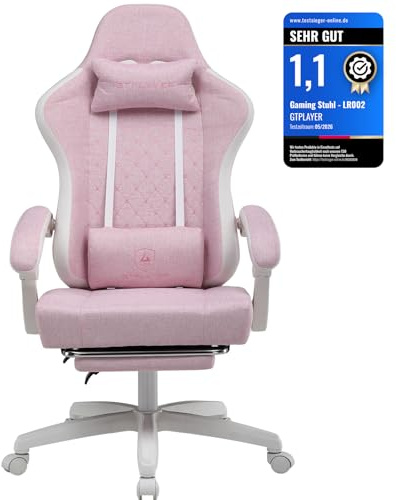 GTPLAYER Gamingstol ergonomisk gamingfåtölj skrivbordsstol med tygyta, fjädersitskudde, anslutningsarmstöd och fotstöd vit-rosa