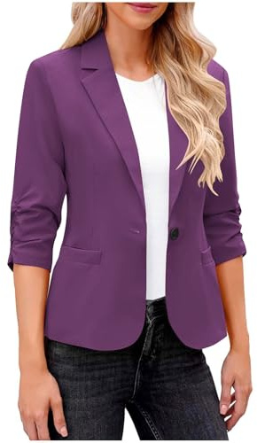 Dyhxuan Blazer pour femme - Élégante veste blazer à manches 3/4 - Décontractée - Sportif - Col à revers - Veste de costume ouverte à l'avant - Veste de costume pour le bureau, Violet, XL