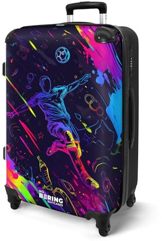 NoBoringSuitcases© Koffer Kinder Groß Reisekoffer Kinderkoffer 4 Rollen | 67x43x25 cm - Leicht Koffer Trolley Mittelgroß Hartschalenkoffer Kind Fußball - Graffiti - Neon