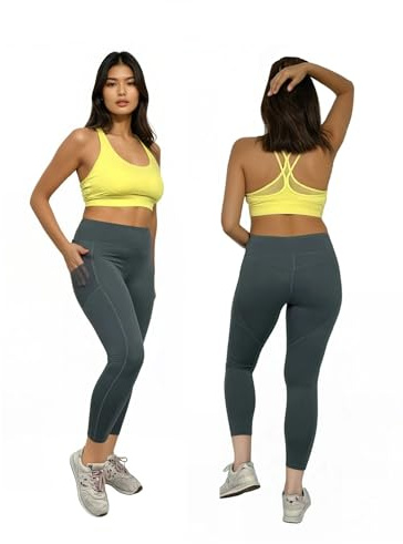 Ballandoro Set med träningsbyxor för kvinnor - push-up sportleggings och sport-BH, jumpsuit kostym träningsshorts och träningstoppar, gymkläder som springer pilates, Grå/Gul, M
