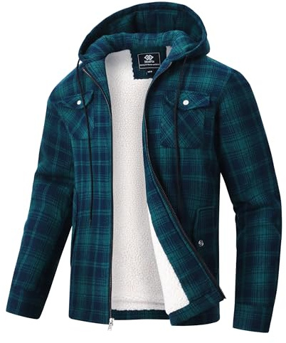 MoFiz Homme Veste Chemise Flanelle à Carreaux Doublée Chaude Blouson d'hiver Coton Chemise de Bûcheron Travail Manches Longues avec Capuche et Cinq Poches Vert Bleu EU XXL