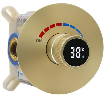 Delnet Round Single Shower Mixer Valve with Concealed LED Digital Display – Solid Brass, Brushed Gold