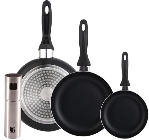 Set 3 sartenes Wellhome 16/20/24 aluminio prensado+Pulverizador de Aceite y vinagre Ø4x17,5cm en acero inoxidable