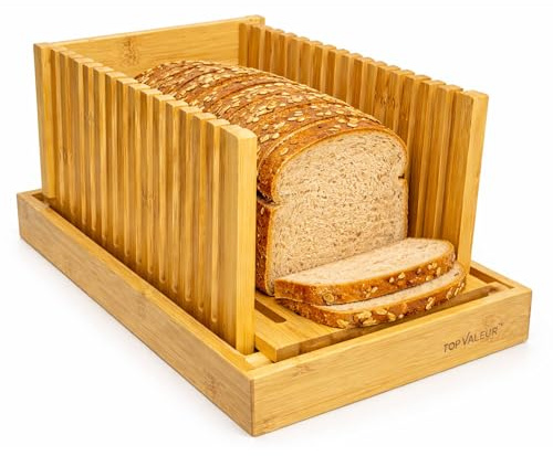 Topvaleur Bamboo Bread Slicers for Homemade Bread, Bread Cutter, Wooden Bread Cutting Board, Cutting Knife Guide for Cakes, Bagels & Loaves, Foldable Compact