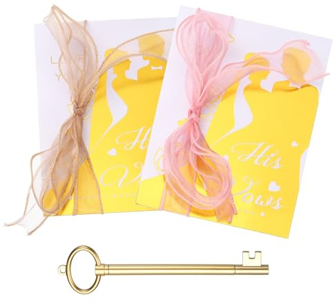 YOKIVE Wedding Day Vow Card Set, (7.87 x 5.51-Inch, Gold/Pink), Vow Card with Key Shape Pen for Her & Him Ribbon Version B, Gold Foil, Great Gift for Bride Groom Bridal Wedding