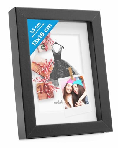 PHOTOLINI 3D Bilderrahmen zum Befüllen 13x18 Schwarz, 1,5 cm tiefer Objektrahmen mit Glas, tiefer Bilderrahmen 13x18 Holz MDF mit Passepartout, dicker 3D Rahmen befüllbar für Gegenstände Geschenk