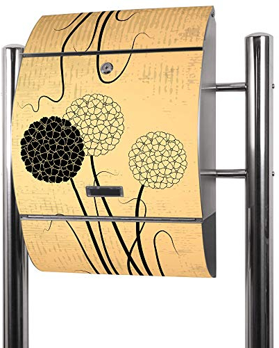 banjado® Standbriefkasten Edelstahl mit Zeitungsfach Motiv Zwiebel Vintage/Briefkasten mit Standfuß/Edelstahl Briefkasten freistehend - A4 Einwurf inkl. 2 Schlüssel
