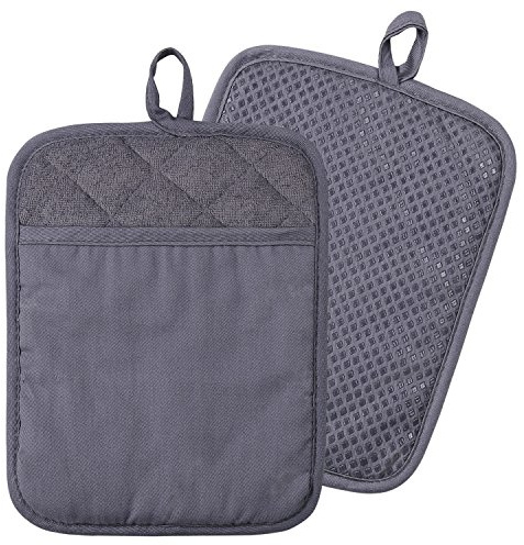 Lifaith 100% Cotton with Silicone Kitchen Everyday Basic Pot Holder Heat Resistant Coaster Potholder Oven Mitts with Pocket for Cooking and Baking Set of 2 Grey