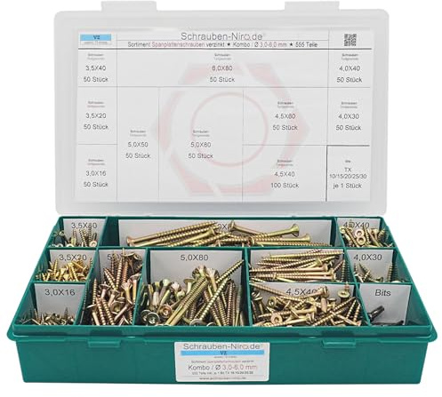 Schrauben-Niro.de Schrauben Set Spanplattenschrauben Torx verzinkt - Durchmesser 3,0 bis 6,0 mm - Holzschrauben mit Senkkopf