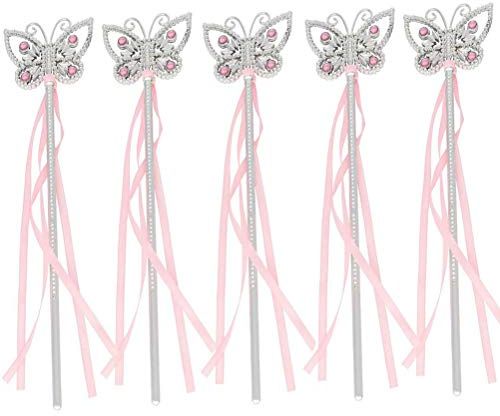 Tvoip 5Pcs 13 Inches Butterfly Princess Fairy Wand Girls Magic Ribbons Wands Streamers Costume Fancy Dress Props Pink Bachelor Party Favor