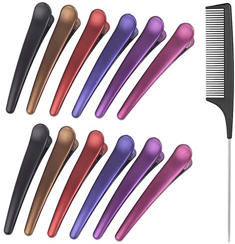 12pcs Sectioning Clips + 1pcs Antistatic Tail Comb, Multicolor Professional Hair Clamp Grips for Women Girls Hairdressing Styling Salon Tool (Mix Color)