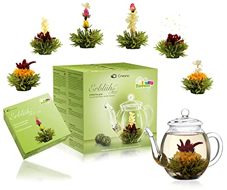Creano Mélange de Fleurs de Thé - Coffret Cadeau Avec Théière en Verre, Thé Vert Fruité Aromatisé (6 Variétés de Roses), Fleur de Thé, Cadeau de Pâques