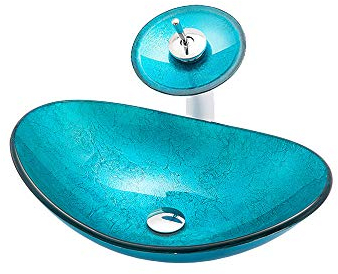 HomeLava Design Mini Gehärtetes Glas Aufsatzwaschbecken Waschbecken Waschschale Handwaschbecken Oval mit Wasserfall Wasserhahn und Ablaufgarnitur für Gäste WC Bad Blau 42cm