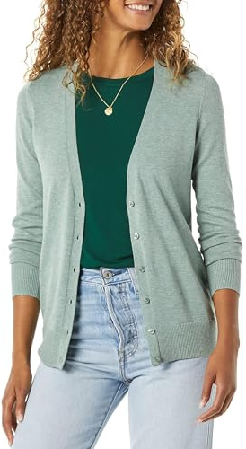 Amazon Essentials Women's Lightweight V-Neck Cardigan Sweater, Sage Green Heather, Medium