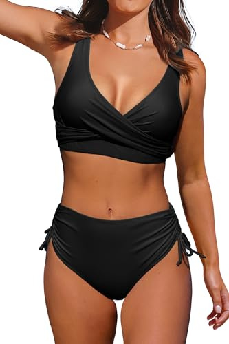Beachsissi Damen Hoch taillierte Badeanzüge Criss Cross Drawstring Side Bikini Sets Lace Up 2 Stück Badeanzüge, Schwarz, M