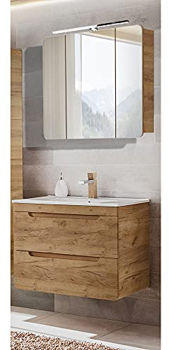 Lomadox Badmöbel Waschplatz Set mit 81 cm Waschtisch & LED-Spiegelschrank, Wotan Eiche Nb., B/H/T ca. 81/200/46 cm