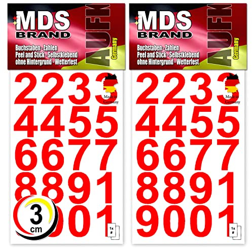 MDS Brand 3cm Zahlen Aufkleber Rot | Selbstklebende Klebezahlen | Vinyl Hausnummern zum Aufkleben für Briefkasten, Mülltonnen, Hausnummer für Außen & Innen Peel (3cm, Rot)