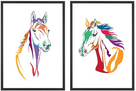 Din A4 Kunstdruck ohne Rahmen 2er Set - Pferde - Pferd Pferdekopf Reitsport Reiten Grafik Bunt Modern Druck Poster Bild