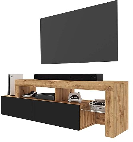 Selsey TV Schrank Board Sideboard Fernsehtisch Fernsehschrank 172 cm LED Beleuchtung Asymmetrisch Wotan Eiche Schwarzer Front Asten