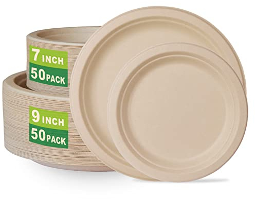 GreenWorks 7 inch and 9 inch Heavy-duty Compostable Plates (each 50 Count), 100 Count Unbleached Disposable Paper Plates