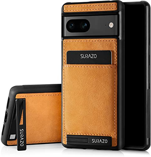 SURAZO Premium äkta läder-bakfodral för Google Pixel 7A fodral – stötsäkert läder mobiltelefonfodral med [kortfack, stativfunktion, nyckelringar] vintage smal stötfångare skyddsfodral (kamel)