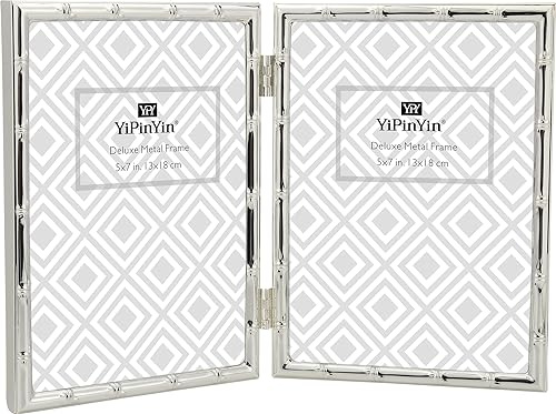 YiPinYin Silver 5x7'' Bamboo Detail Double Metal Picture Frame,Elegant Elegant Narrow Profile Silver Plated Photo Frames With Soft Velvet Backing for Desktop and Shelf Decor