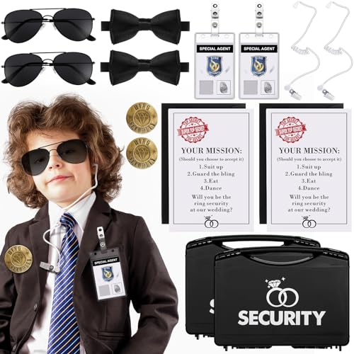 Aoriher Ring Wedding Bearer Security Set Include Ring Bearer Box Security Badge Sunglass Earpiece Bow Tie ID Badge Holder with ID Card Envelope Invitation Card for Proposal Gift(18 Pcs)