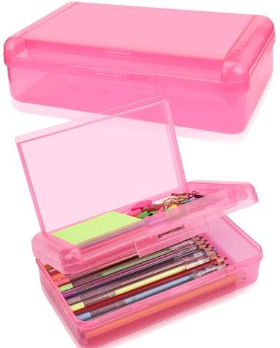 1 st pennskrin, pennlåda med dubbla lager, hårt pennfodral med snäpptätt lock, pennlåda i plast för kontor skolmaterial pennlådor, förvaringsorganisatör för gelpennor suddgummi, pennor – rosa, Rosa,