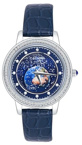 MicLee Montres Analogique à Quartz Femme Fille Luxe Montre à Cadran de Terre Créatif Serti de Diamants Brillants Montre Etanche avec Bracelet en Cuir Bleu
