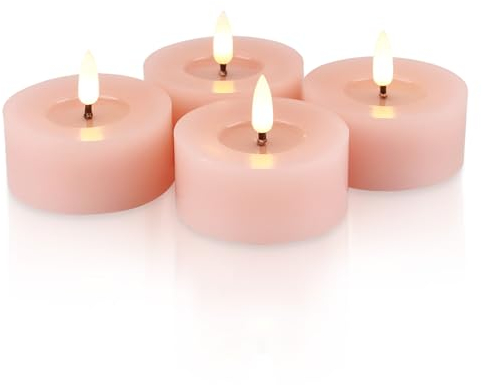Rhytsing 4 velas votivas LED sin llama rosa con superficie reflectante de aceite de cera, Velas a Pilas de cera real con temporizador para primavera y verano - 7x7x3cm