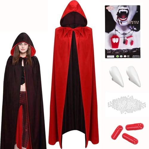 Disfraces de Vampiro de Halloween,140/160CM Capa con Capucha y Colmillos de Vampiro y Sangre Falsa,Doble Cara Capa de Vampiro Negro Rojo Vampiro Disfraz Adultos para Halloween Carnaval Carnaval