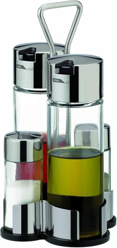 Wintem Set di 4 Contenitori per Condimenti da Tavolo in Vetro e Acciaio di Alta Qualità con Maniglia - Eleganza e Funzionalità per la Tua Cucina - 12x21 cm