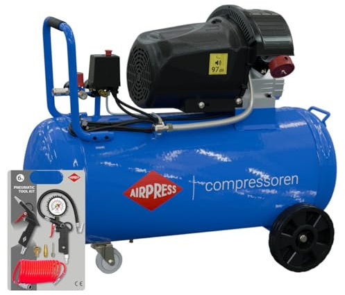 AIRPRESS - Compresor de Aire de dos pistones HL 425-90V 10 Bar 3 CV/2.2 KW 230 /min 90 LTS. con Juego de 6 Accesorios neumáticos