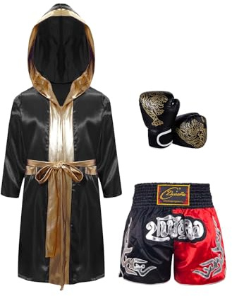 Eandarui Traje Wushu para niños, traje de fitness de manga larga, satén boxeo, bata con boxeador, pantalones cortos, guantes de MMA, Sanda, conjunto de ropa de chándal, Oro negro., 134 cm-140 cm