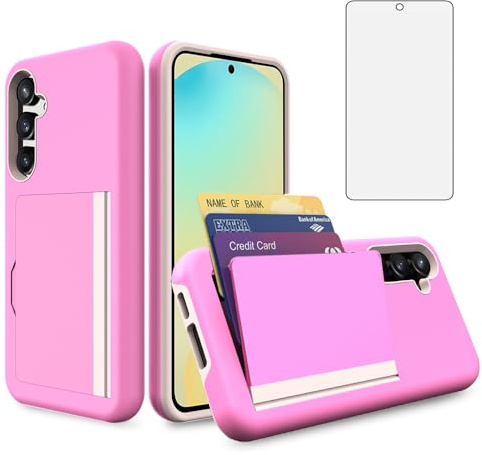 Asuwish Phone Case for Samsung Galaxy S24 FE 5G with Tempered Glass Screen Protector Cover and Credit Card Holder Stand Slim Hybrid Mobile Slot Cell Accessories S 24 EF S24FE 24S Women Men Pink