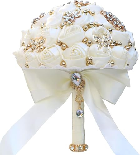 21,6 cm Hochzeitssträuße für die Braut, elegante künstliche Satinblumen mit Strass und Perlen, handgefertigte Brautsträuße, perfekt für Quinceanera